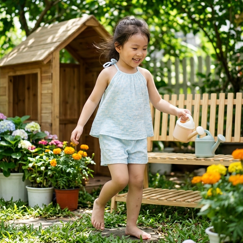 Bộ đùi áo yếm bé gái xô muslin XM02 Lá Homewear, bộ hai dây mùa hè mát nhẹ cho bé