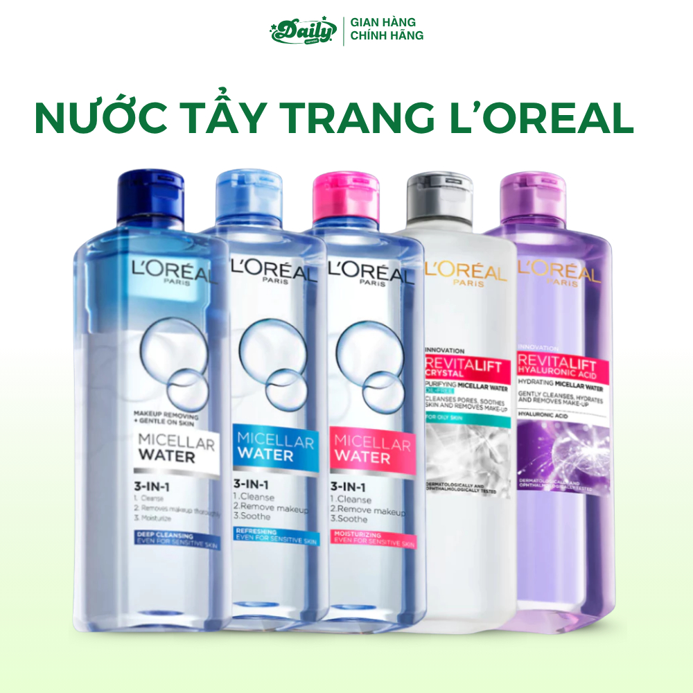Nước tẩy trang L'Oreal Paris Micellar Water 3-in-1 làm sạch sâu, loại bỏ bụi bẩn và lớp trang điểm