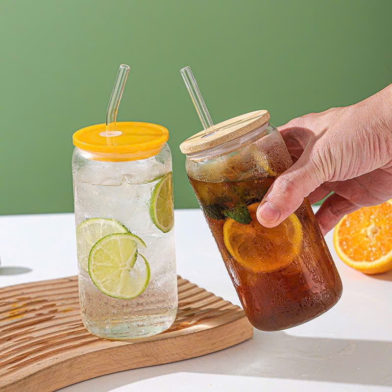 Ly Thủy Tinh Borosilicate Chịu Nhiệt Cao Cấp 500ml Có Nắp Tre, Ly Uống Nước Có Ống Hút