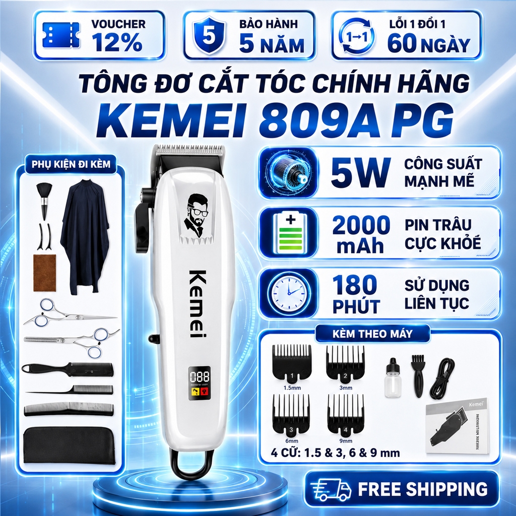 Tông Đơ Cắt Tóc Kemei 809APG Chính Hãng, Tăng Đơ Cắt Tóc Nam Không Dây, Lưỡi Sắc, Màn Hình LED