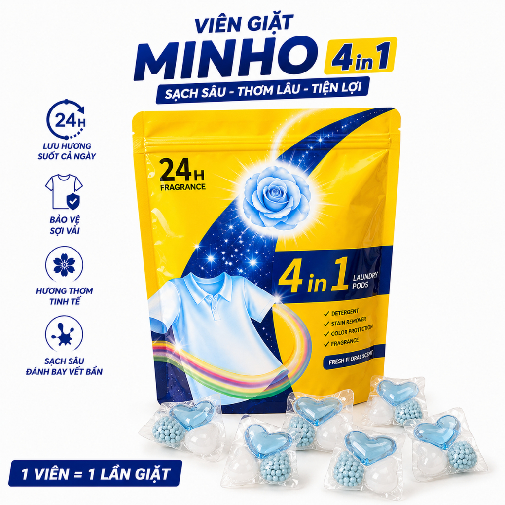 Túi 30 Viên giặt Minho đậm đặc 4in1 thơm lâu 24h, tiện lợi, không cần đong đếm
