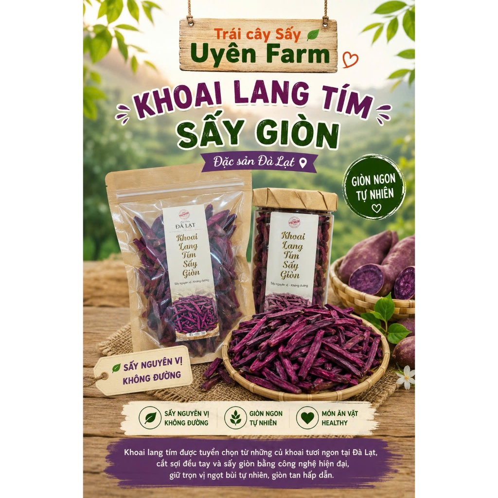 Khoai tím sấy giòn, hàng nguyên xuất khẩu giòn ngọt tự nhiên (Đặc sản Đà Lạt)