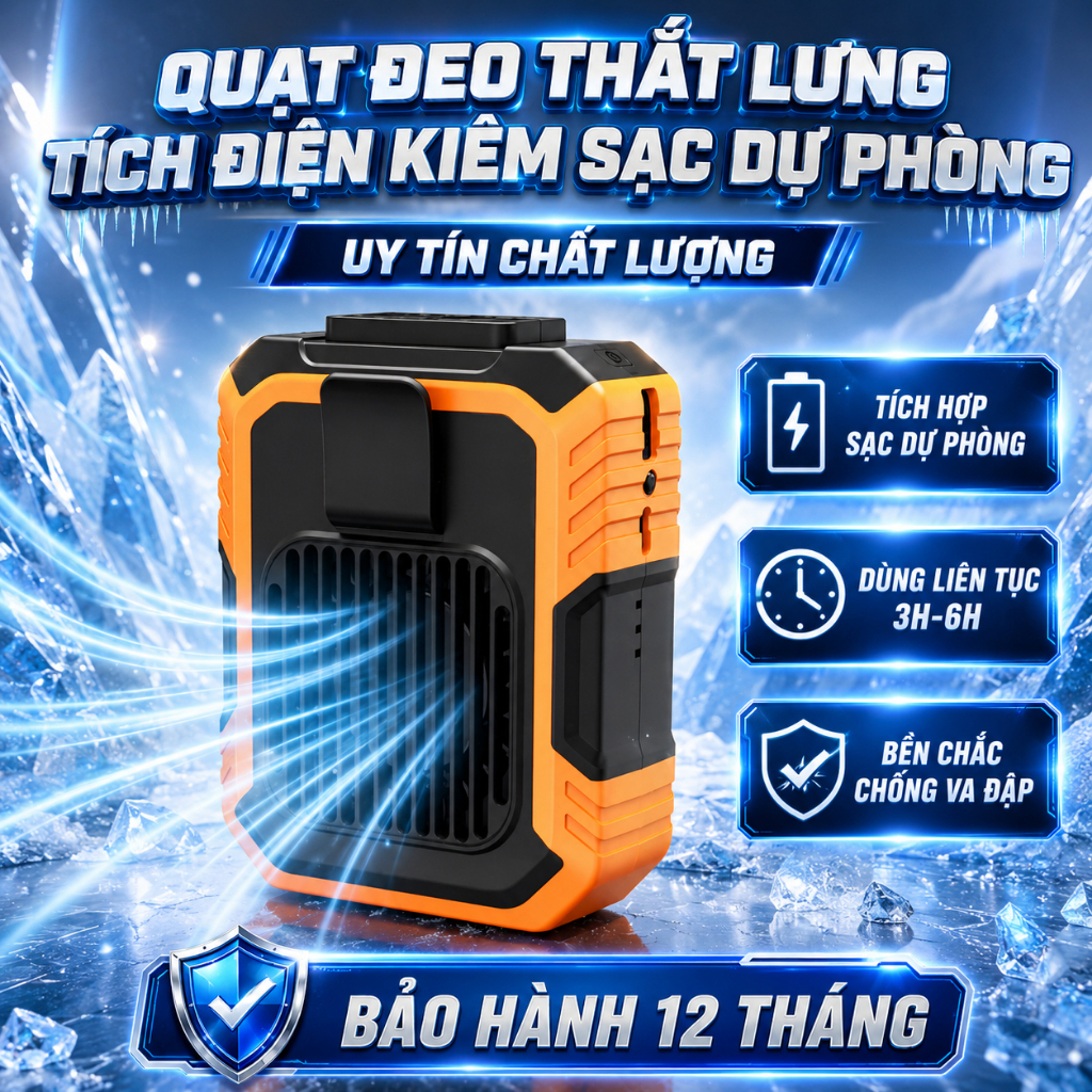 Quạt Đeo Thắt Lưng Tích Điện Kiêm Sạc Dự Phòng 6000mAh , Quạt Đeo Hông Pin Sạc Công Suất Lớn