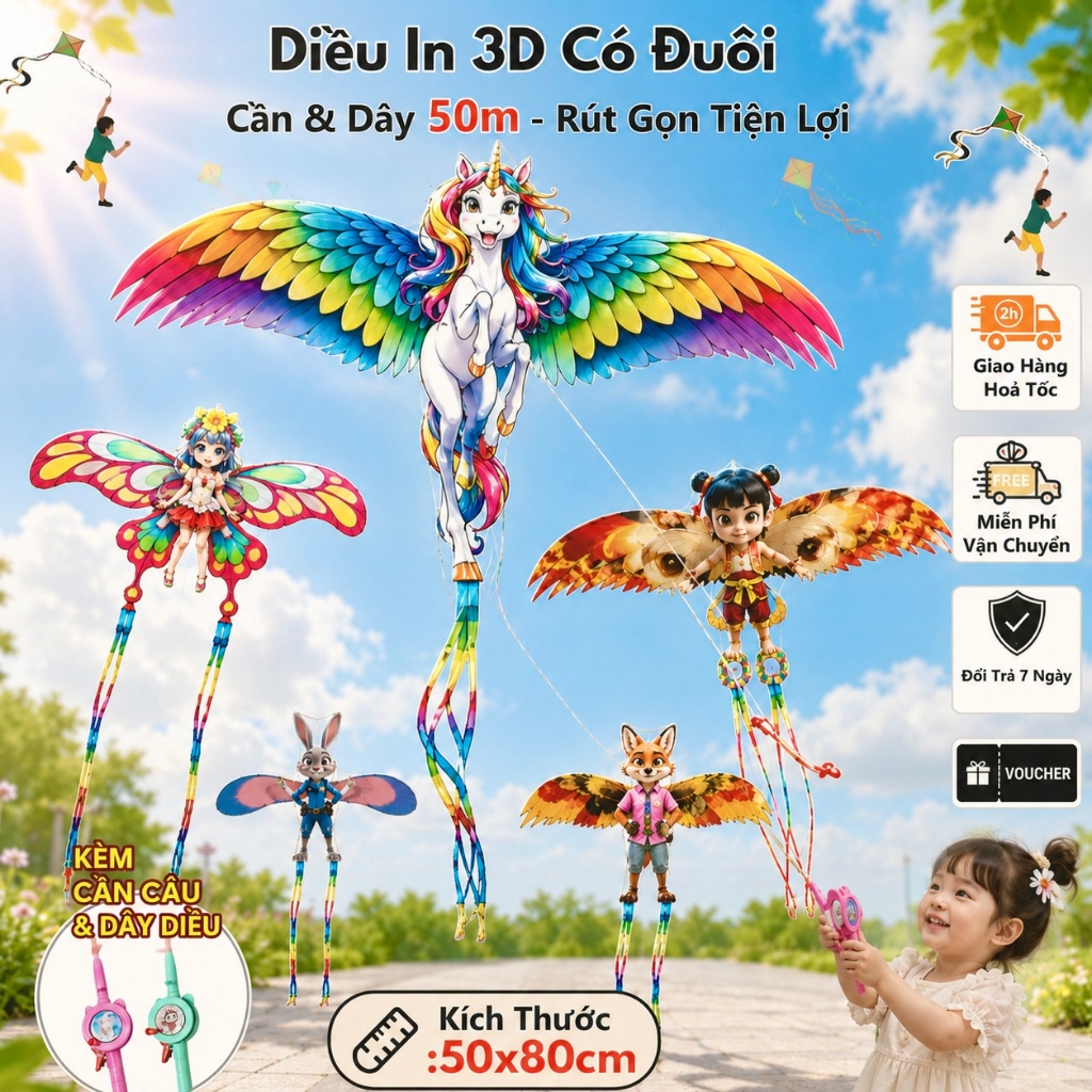 Diều 3D Có Đuôi Cho Bé Kèm Cần Câu & Dây 50m – Size Lớn Dễ Bay