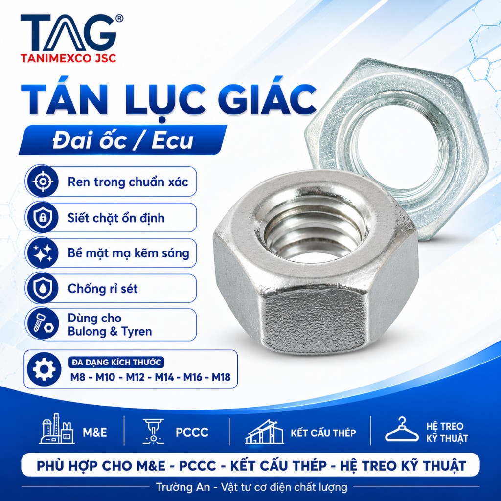 Đai ốc, tán dẹp, tán ecu sắt xi kẽm - Dùng cho bulong M8, M10, M12, M14 ...