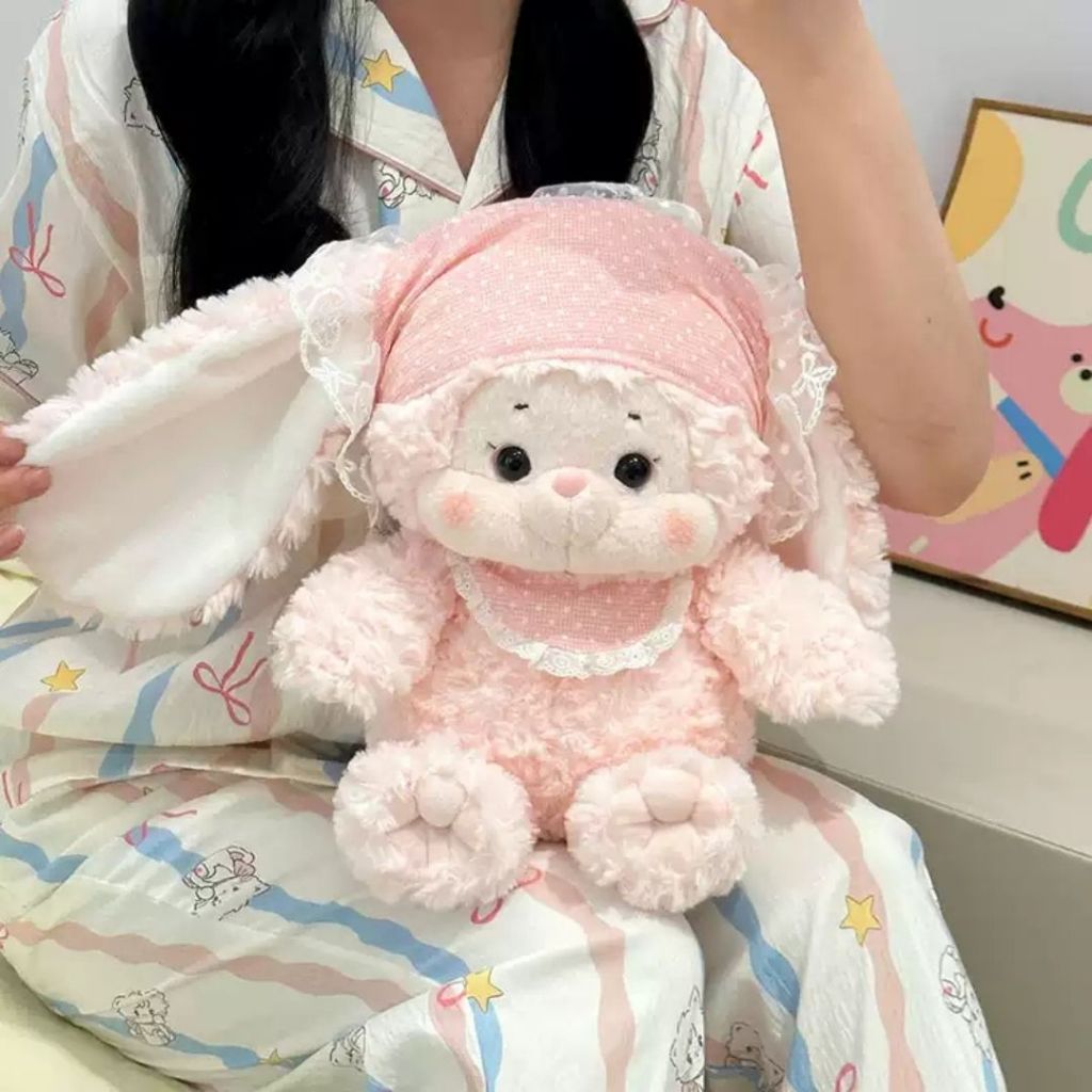 Gấu Bông Thỏ Hồng Đội Khăn Dễ Thương, Gấu Bông Chạy Bộ Thỏ Lông Xù Mềm Mại Làm Quà Tặng Cho Bạn Gái, Bé Gái