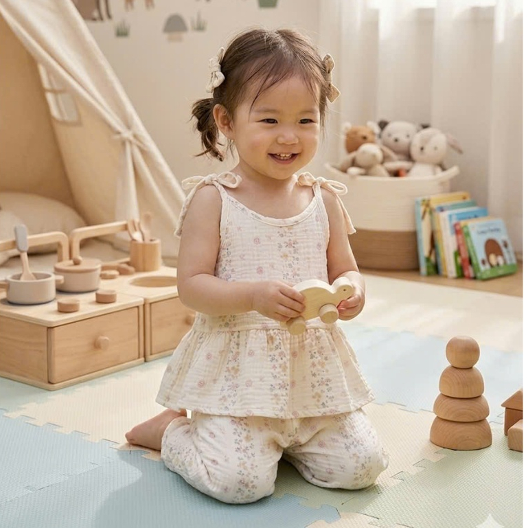 Bộ hai dây quần lửng bé gái xô muslin Lá Homewear XM01, bộ đồ hè bé gái mát nhẹ dễ thương