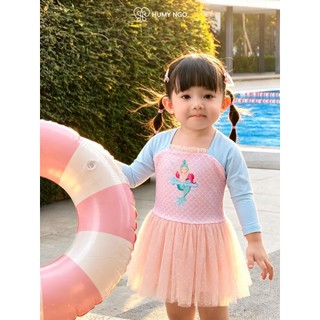 HOẢ TỐC - Váy bơi bé gái liền thân HUMY NGO, Bộ bơi thun lạnh chống nắng có lót quần phối chân váy lưới bé 11-38kg [215]