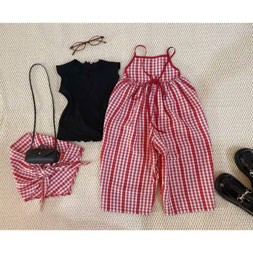 (Bon Kids) Jumpsuti Kẻ Đỏ Cho Bé Gái Kèm Áo Trong Siêu Dễ Thương 6-18kg