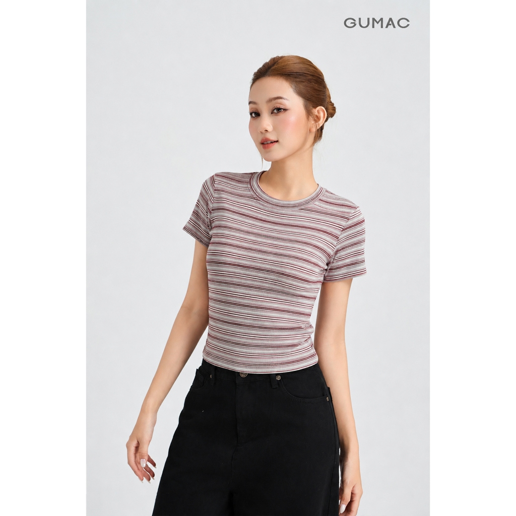 Áo Thun Nữ GUMAC Form Ôm Slim Cổ Tròn Tay Ngắn Chất Thun Sọc Mịn Co Giãn Thoải Mái LATG05051