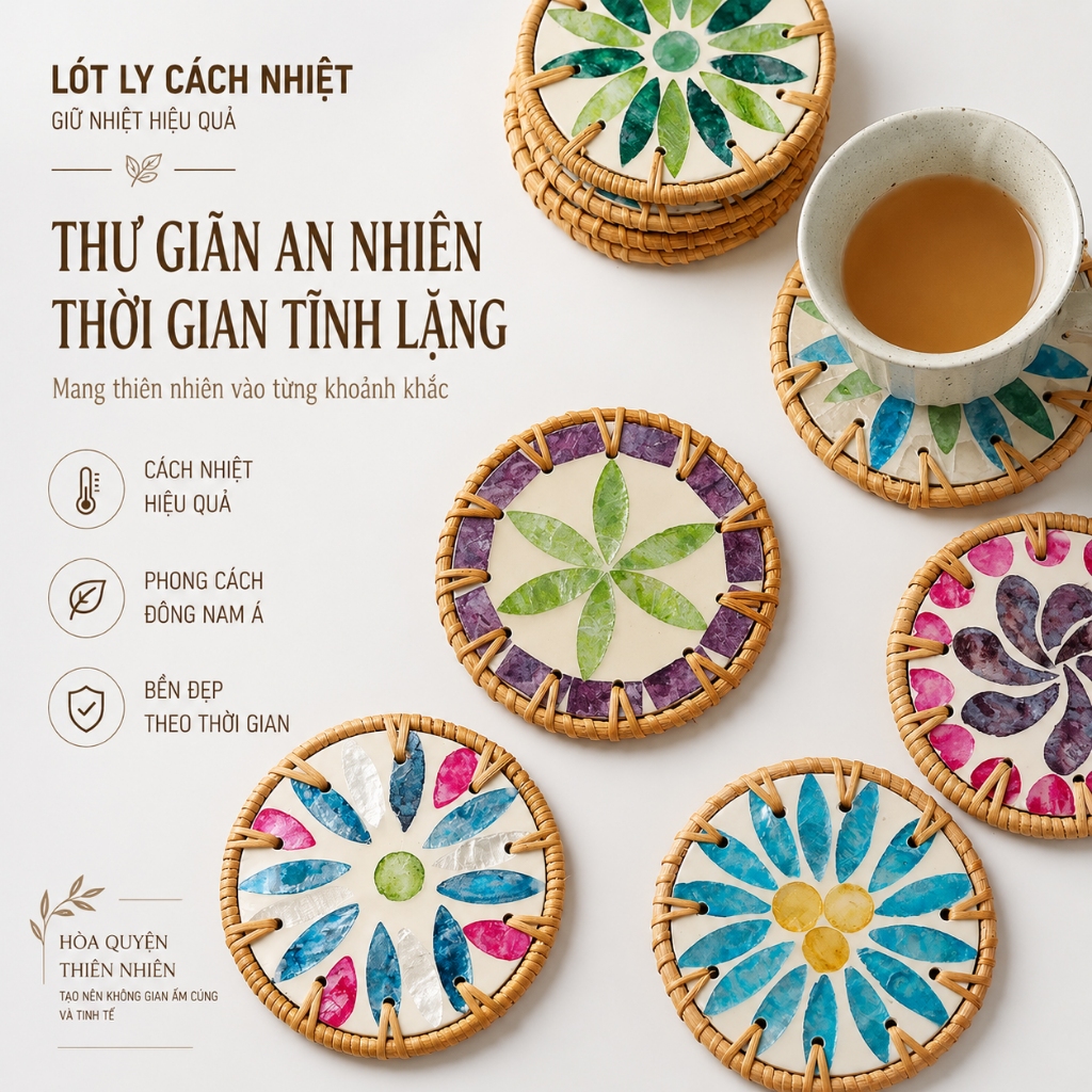 Lót Ly Cách Nhiệt Khảm Trai Viền Mây Đan 10cm TudoRattan LLK01 - Khay Lót Cốc Trà Cà Phê Decor Nhà Hàng Khách Sạn