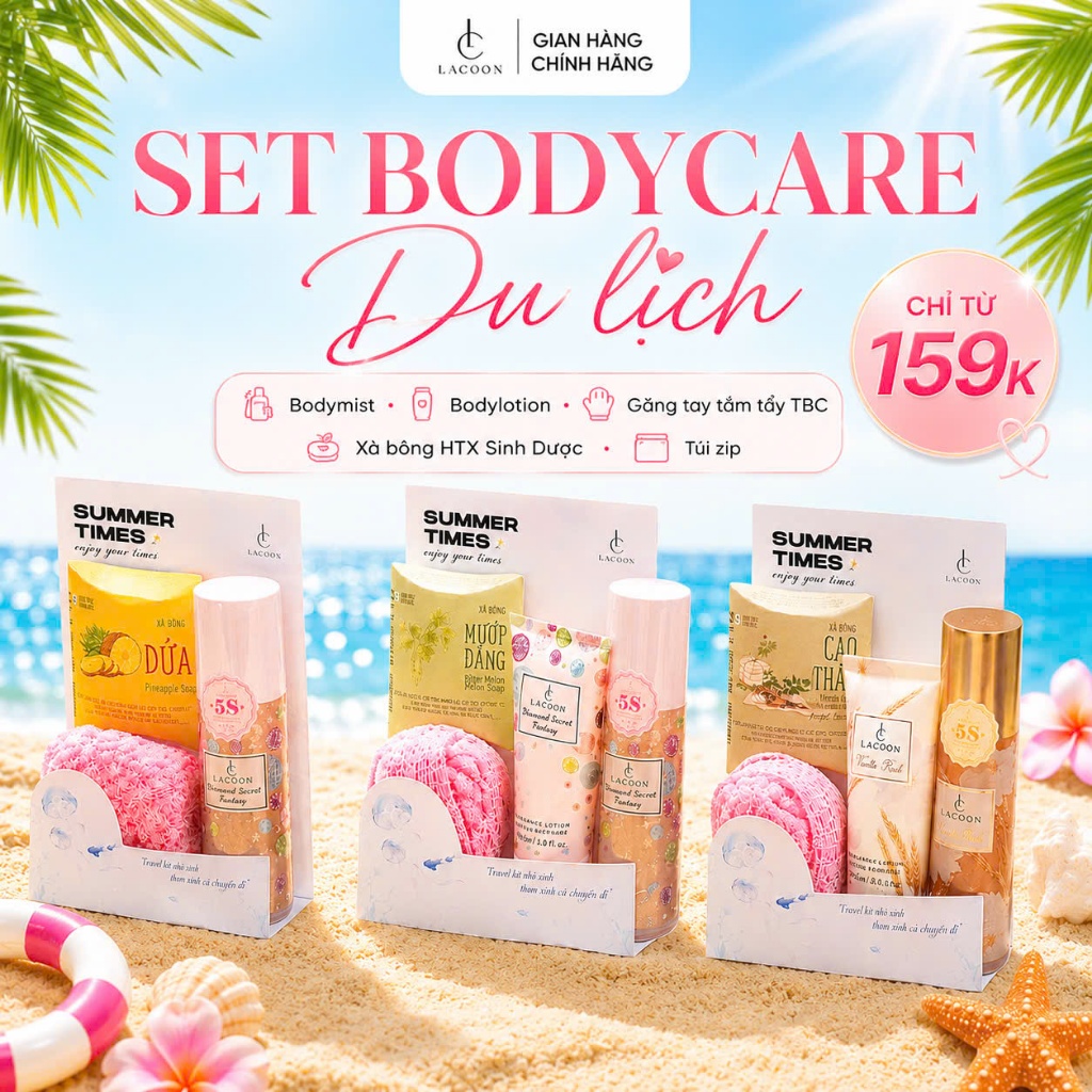 Set 3 Món Mini Du Lịch Tiện Lợi Lacoon Travel Kit - Bodymist, Xà bông tăm, Găng tay tăm, Bodylotion