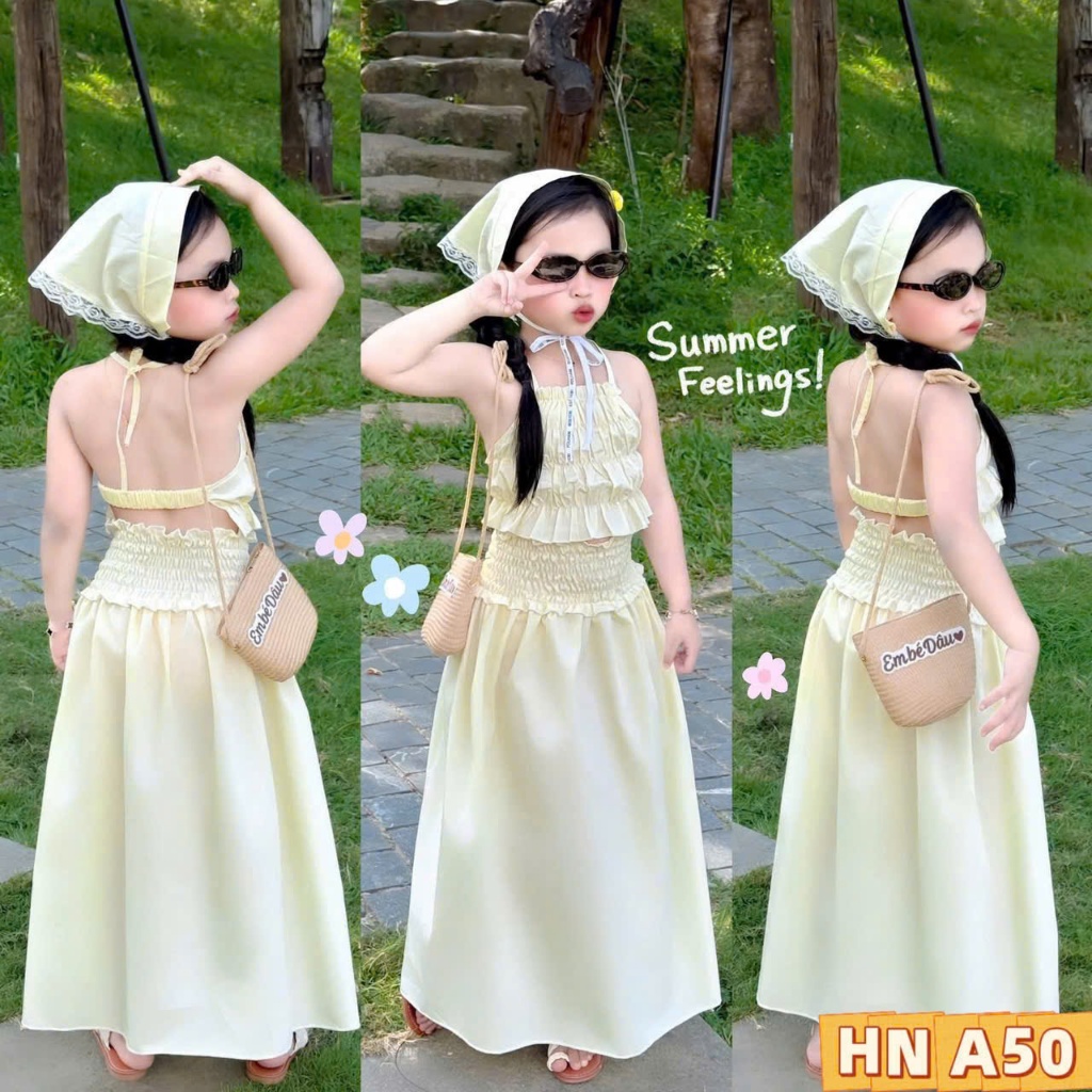 (Bon Kids) A50  Set Chân Váy + Áo Yếm (Kèm Khăn) Đi Biển Cho Bé Gái 7-25kg