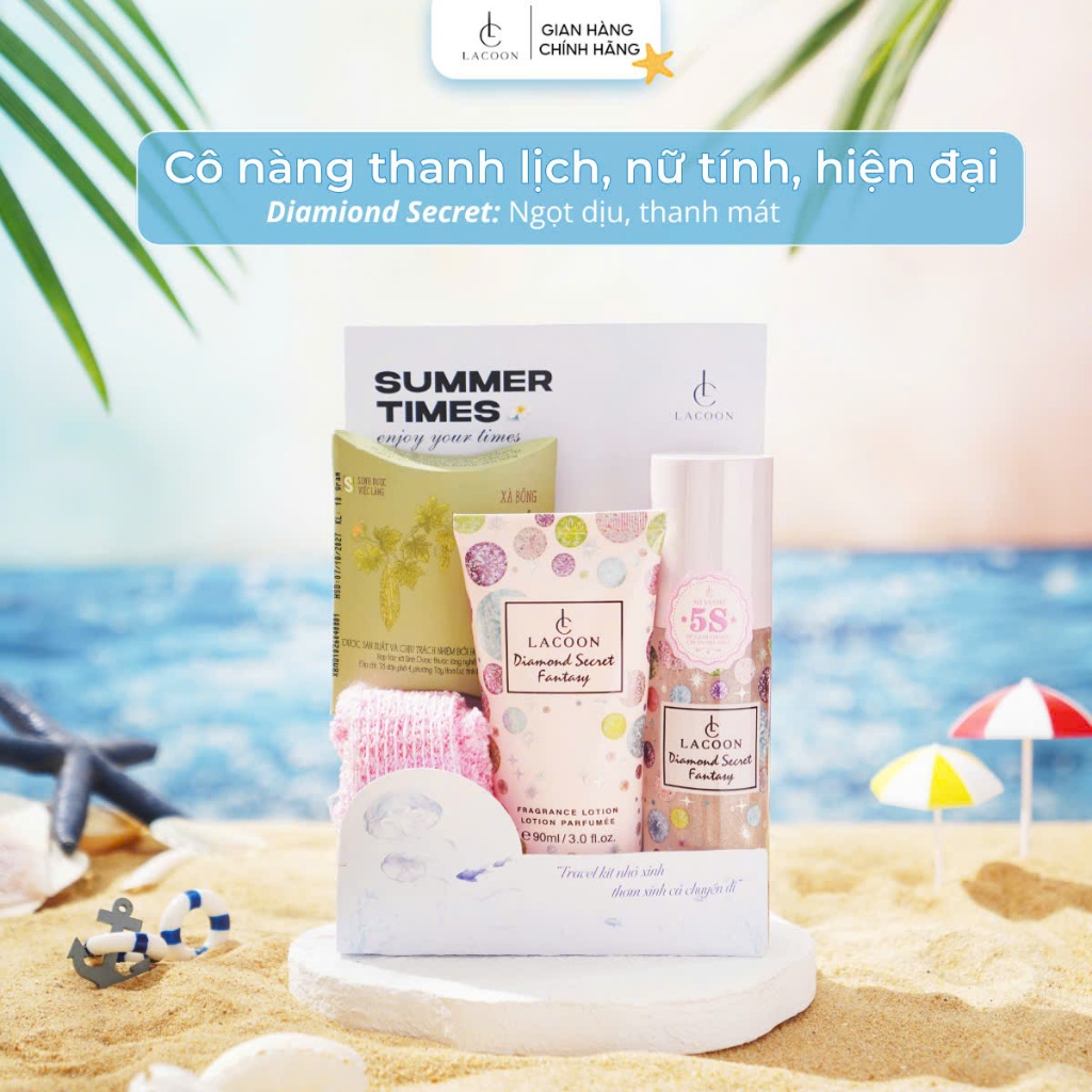 Set 3 Món Mini Du Lịch Tiện Lợi Lacoon Travel Kit - Bodymist, Xà bông tăm, Găng tay tăm, Bodylotion