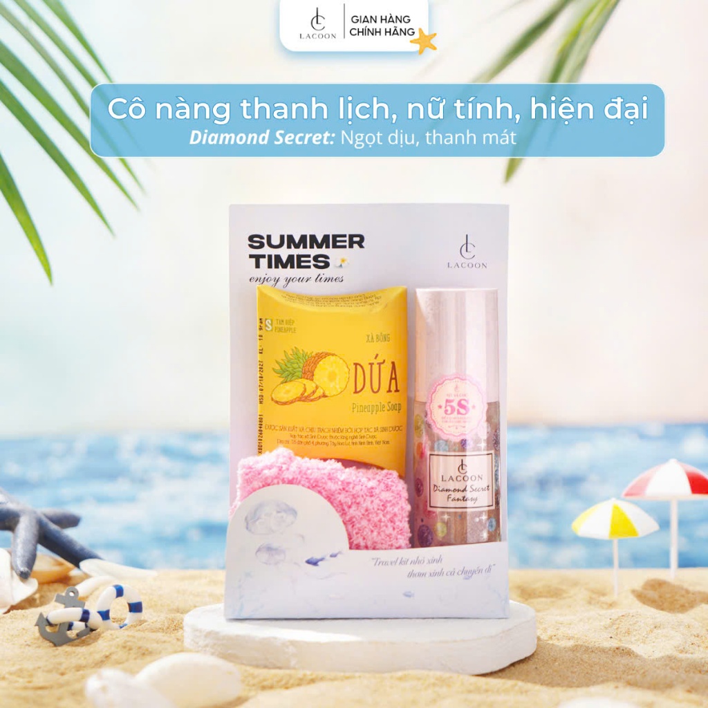 Set 3 Món Mini Du Lịch Tiện Lợi Lacoon Travel Kit - Bodymist, Xà bông tăm, Găng tay tăm, Bodylotion