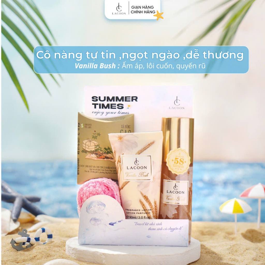 Set 3 Món Mini Du Lịch Tiện Lợi Lacoon Travel Kit - Bodymist, Xà bông tăm, Găng tay tăm, Bodylotion