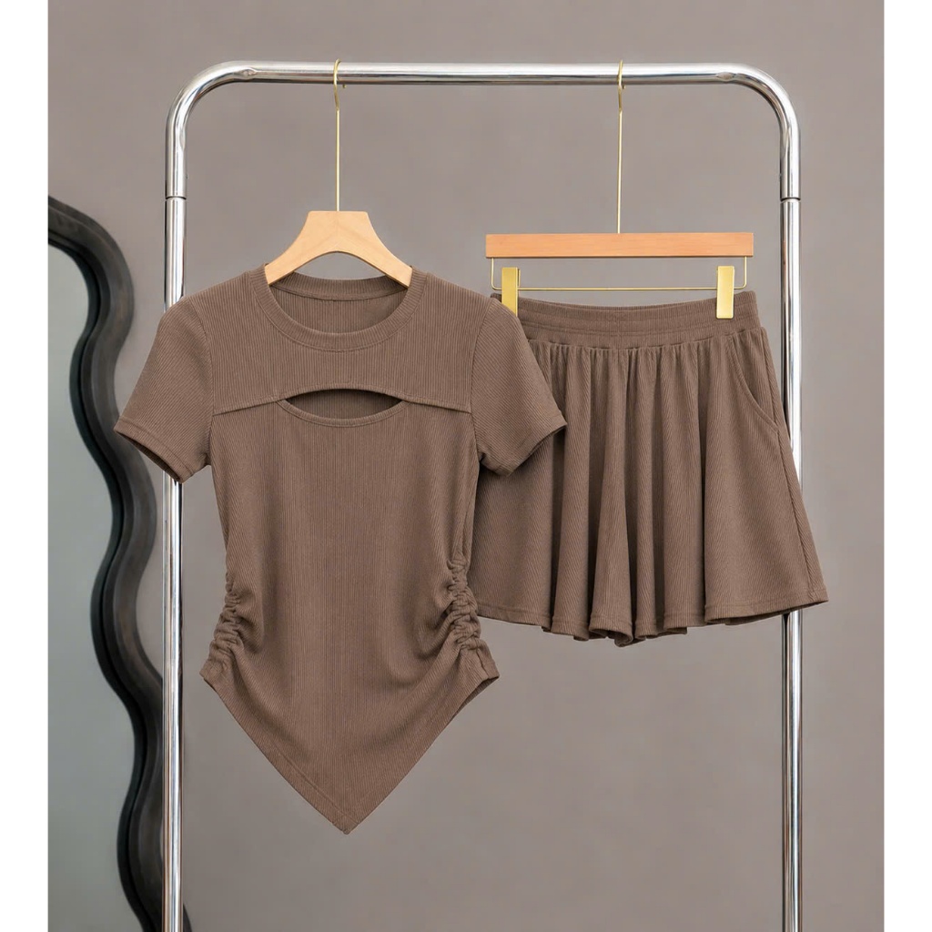 Set Đồ Nữ Bigsize Áo Thun Rút Eo Kèm Quần Xòe Chất Vải Gân Lên Phom Tôn Dáng SET817