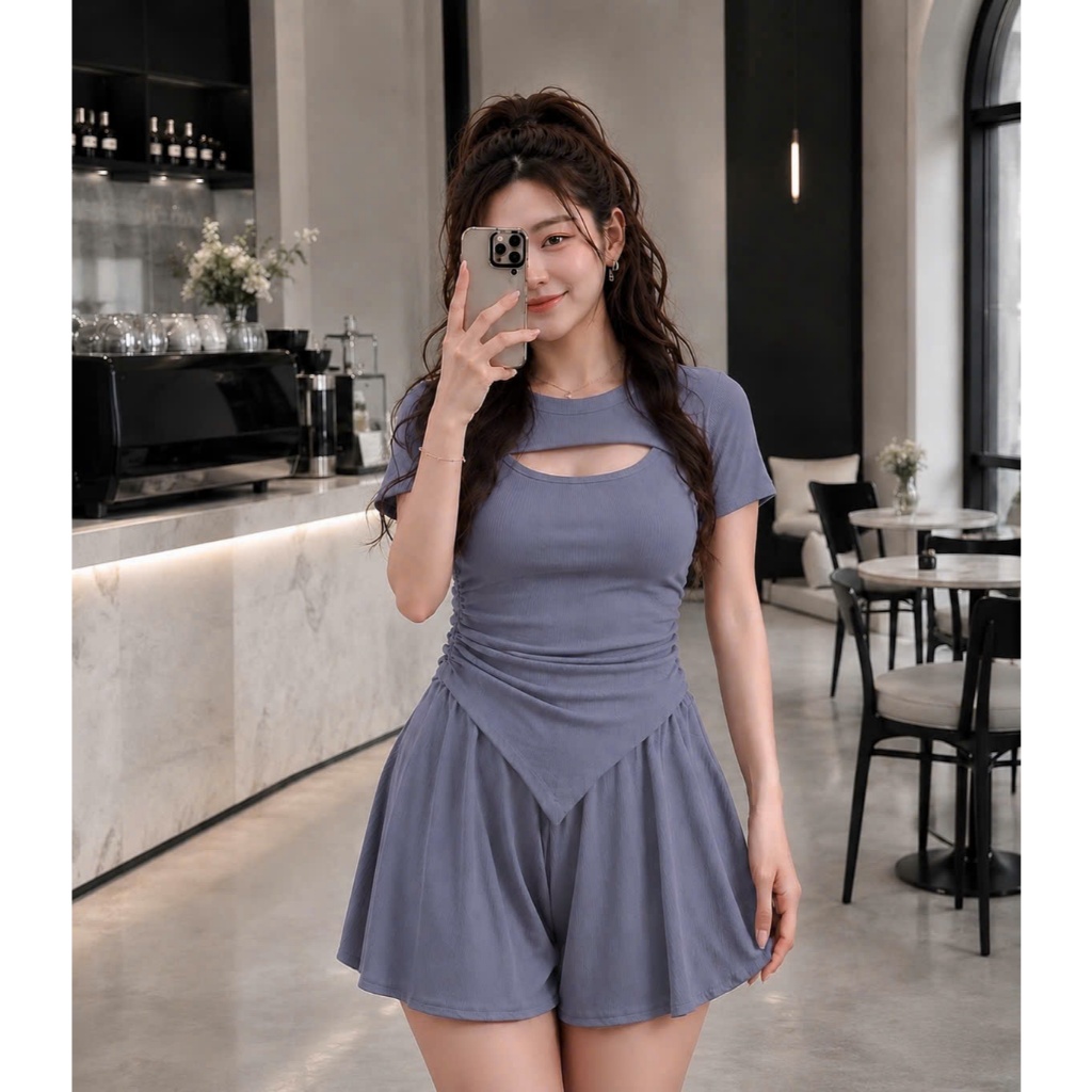 Set Đồ Nữ Bigsize Áo Thun Rút Eo Kèm Quần Xòe Chất Vải Gân Lên Phom Tôn Dáng SET817