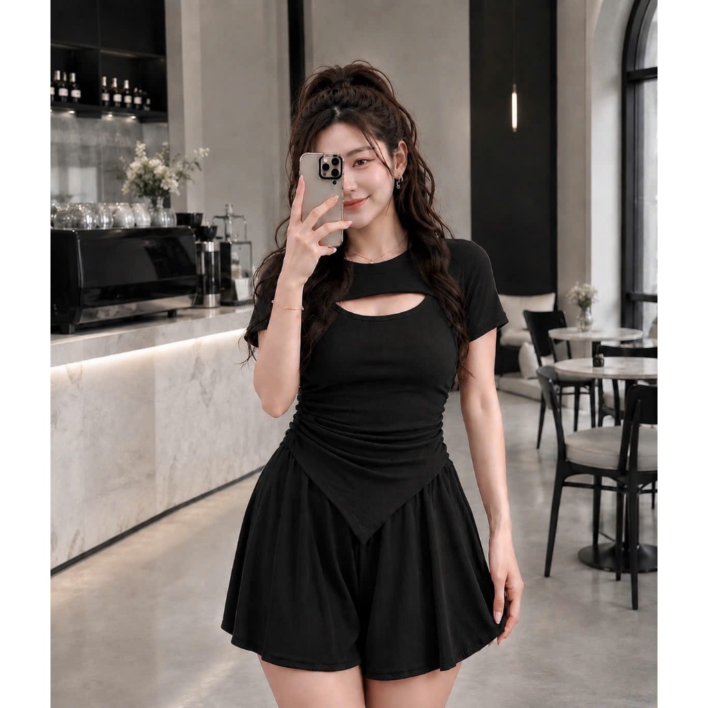 Set Đồ Nữ Bigsize Áo Thun Rút Eo Kèm Quần Xòe Chất Vải Gân Lên Phom Tôn Dáng SET817