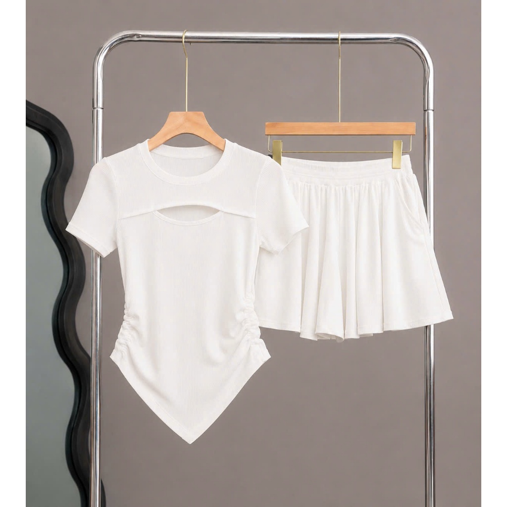 Set Đồ Nữ Bigsize Áo Thun Rút Eo Kèm Quần Xòe Chất Vải Gân Lên Phom Tôn Dáng SET817