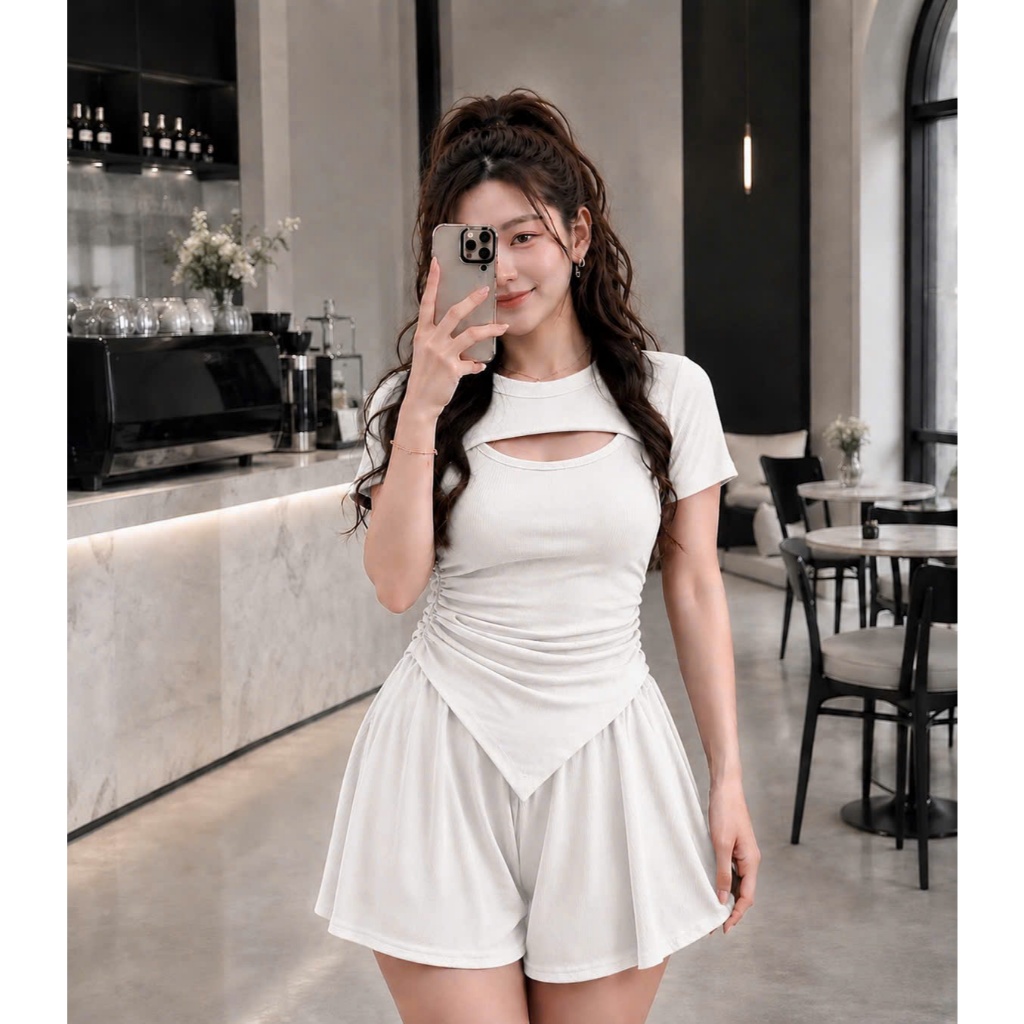 Set Đồ Nữ Bigsize Áo Thun Rút Eo Kèm Quần Xòe Chất Vải Gân Lên Phom Tôn Dáng SET817