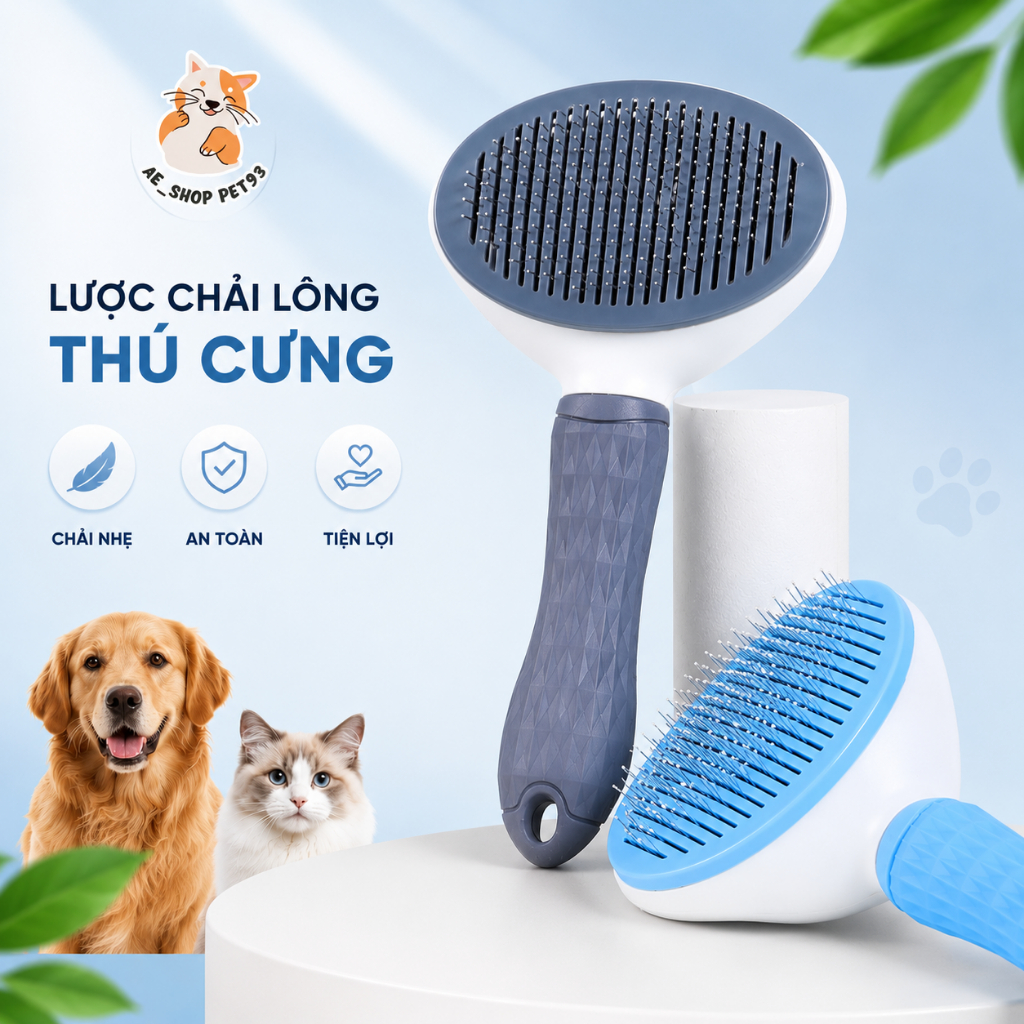 Lược chải lông chó mèo cao cấp có nút bấm, chính hãng clean