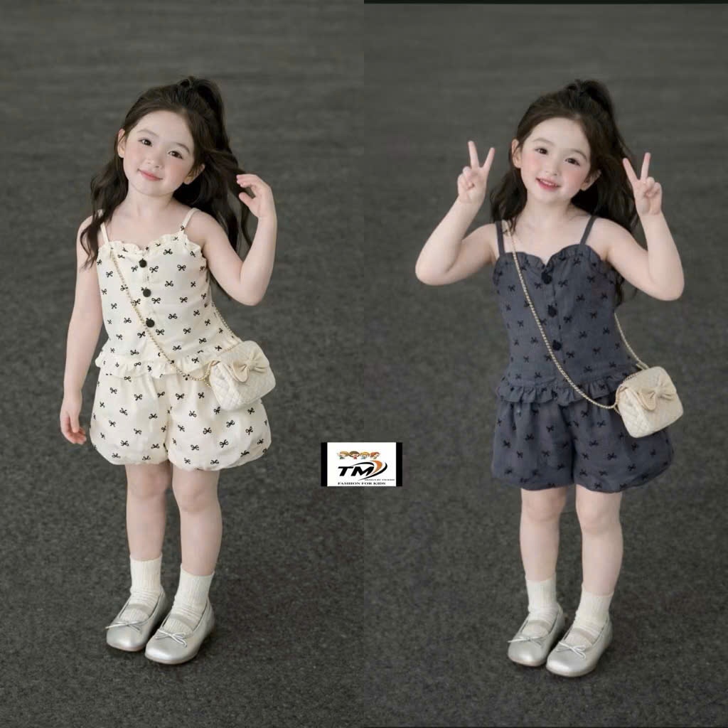 (Bon Kids) A985 Set Bộ Cho Bé Gái Áo 2 Dây , Quần Bí Phồng Hoạt Tiết Nơ 6-18kg