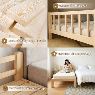Giường Trẻ Em 1m6 | Giường cho Bé Gỗ Thông, Có Cầu Thang, Có Hàng Rào Chắn, Ghép với Bố Mẹ