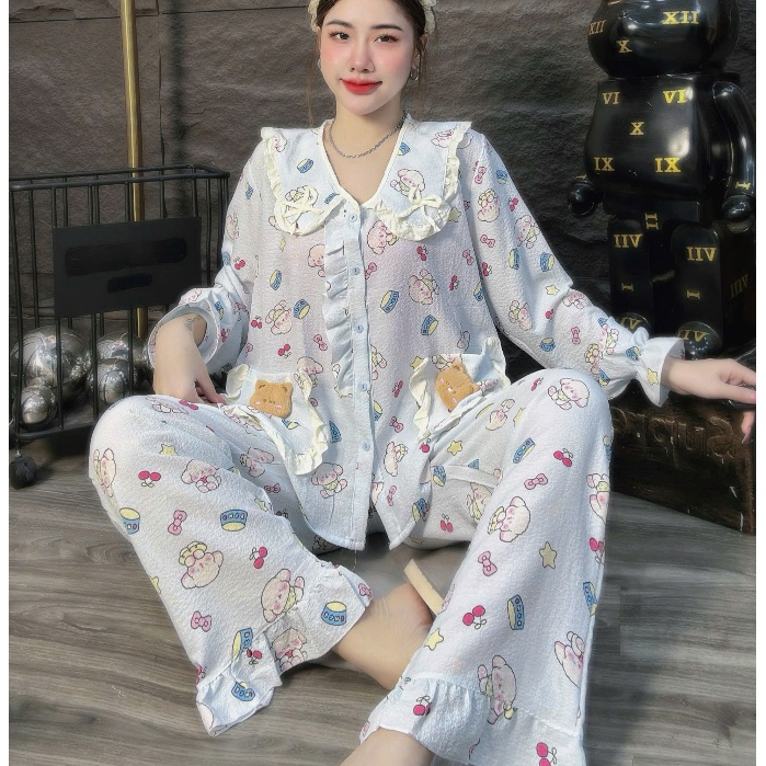 Đồ bộ nữ mặc nhà, đồ ngủ nữ dễ thương, đồ xinh đũi tiểu thư cao cấp cổ nơ họa tiết cute hottrend[11]