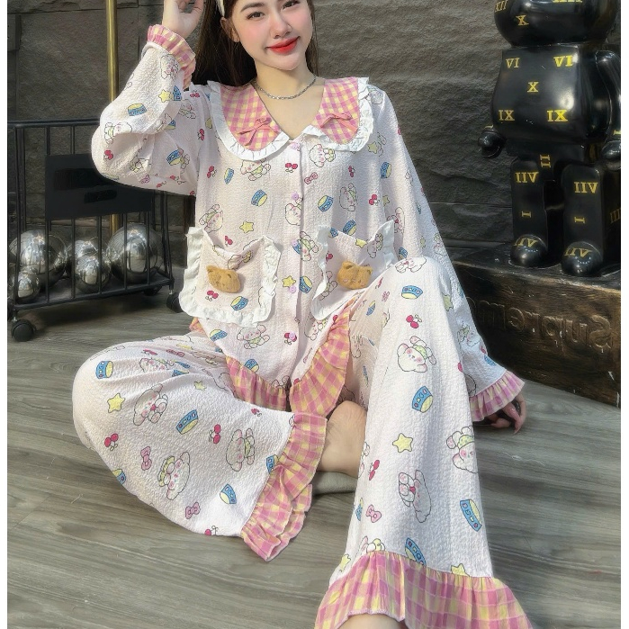 Đồ bộ nữ mặc nhà, đồ ngủ nữ dễ thương, đồ xinh đũi tiểu thư cao cấp cổ nơ họa tiết cute hottrend[11]