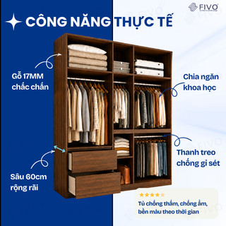 Tủ Đựng Quần Áo Gỗ Cao Cấp FC02 FIVO, Cánh Mở Sâu 60cm Có Ngăn Kéo, Freeship+Free lắp đặt, Trả Góp 0%