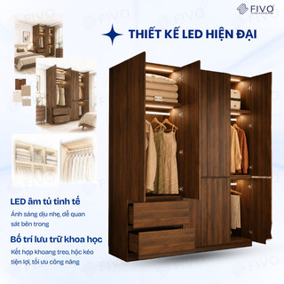Tủ Đựng Quần Áo Gỗ Cao Cấp FC02 FIVO, Cánh Mở Sâu 60cm Có Ngăn Kéo, Freeship+Free lắp đặt, Trả Góp 0%
