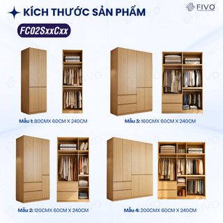 Tủ Đựng Quần Áo Gỗ Cao Cấp FC02 FIVO, Cánh Mở Sâu 60cm Có Ngăn Kéo, Freeship+Free lắp đặt, Trả Góp 0%