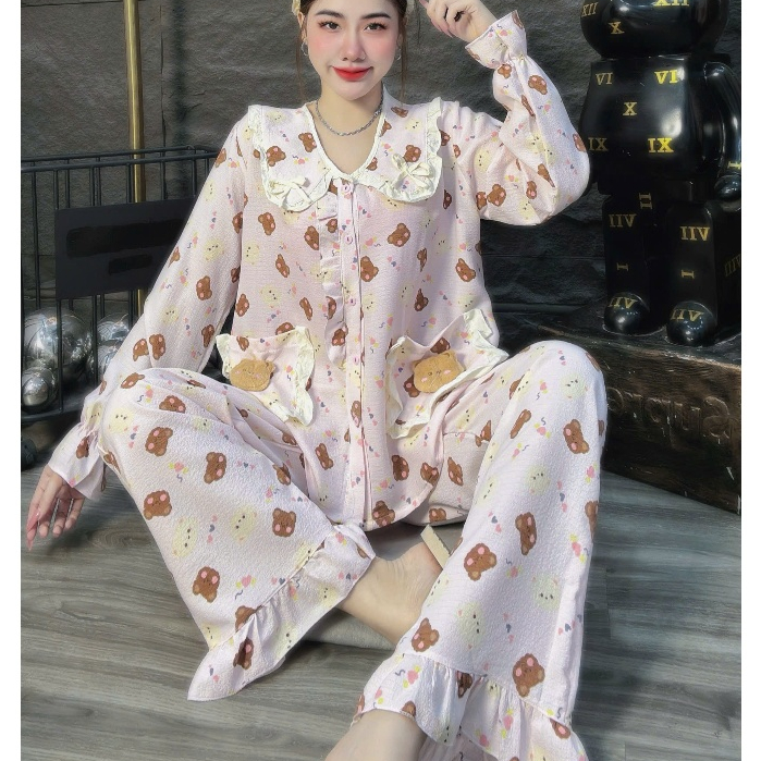 Đồ bộ nữ mặc nhà, đồ ngủ nữ dễ thương, đồ xinh đũi tiểu thư cao cấp cổ nơ họa tiết cute hottrend[11]