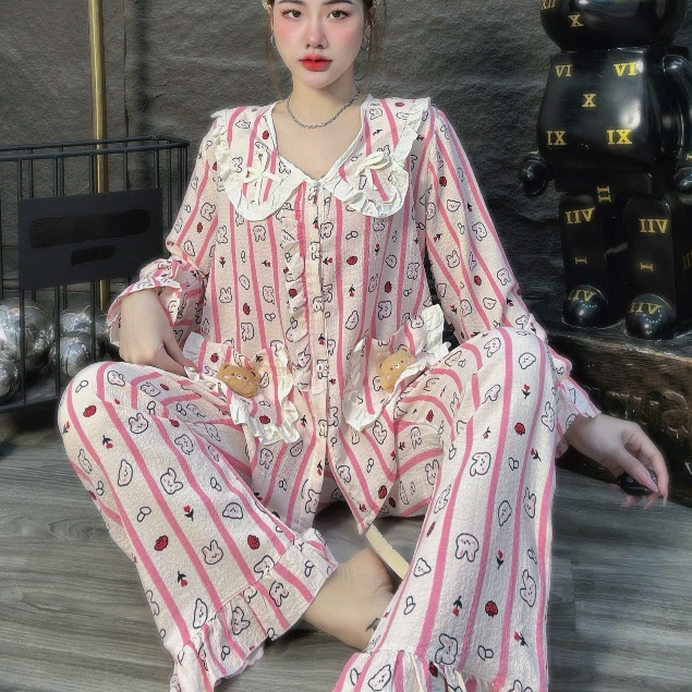 Đồ bộ nữ mặc nhà, đồ ngủ nữ dễ thương, đồ xinh đũi tiểu thư cao cấp cổ nơ họa tiết cute hottrend[11]