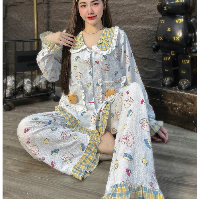 Đồ bộ nữ mặc nhà, đồ ngủ nữ dễ thương, đồ xinh đũi tiểu thư cao cấp cổ nơ họa tiết cute hottrend[11]
