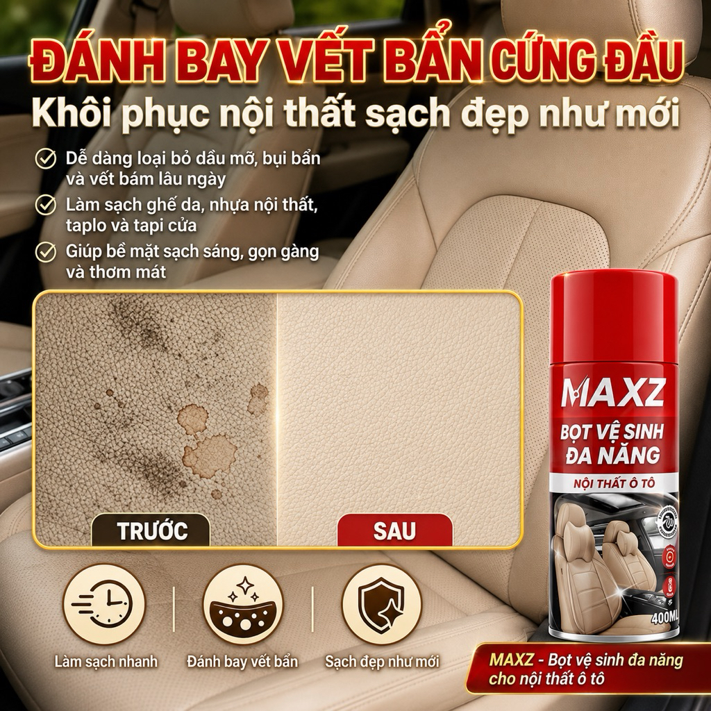 Chai Xịt MAXZ Làm Sạch Nội Thất  Ô tô , Ghế Da Xe Máy 400ml - Phục Hồi Da Ghế , Dưỡng Bóng , Chống Nắng