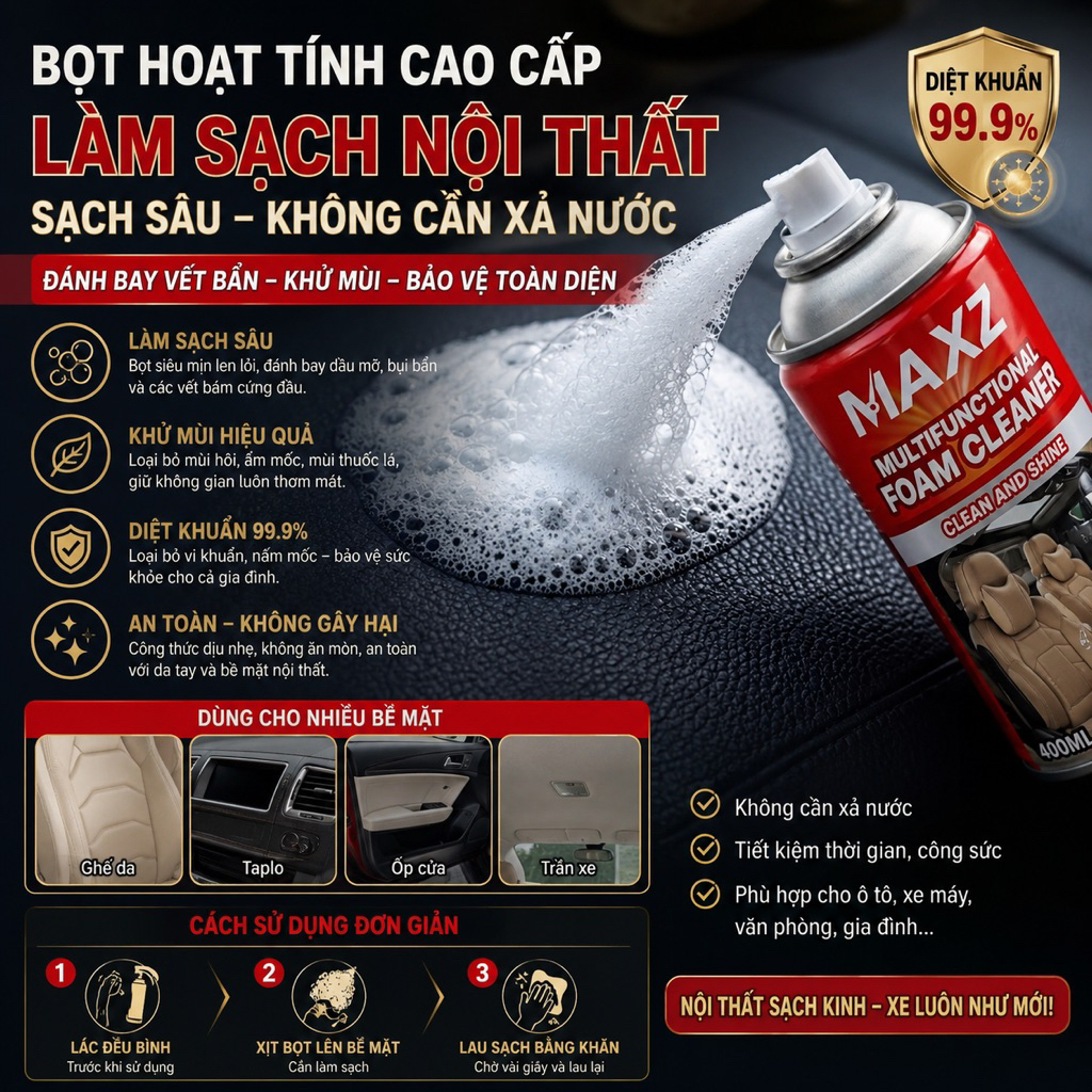 Chai Xịt MAXZ Làm Sạch Nội Thất  Ô tô , Ghế Da Xe Máy 400ml - Phục Hồi Da Ghế , Dưỡng Bóng , Chống Nắng