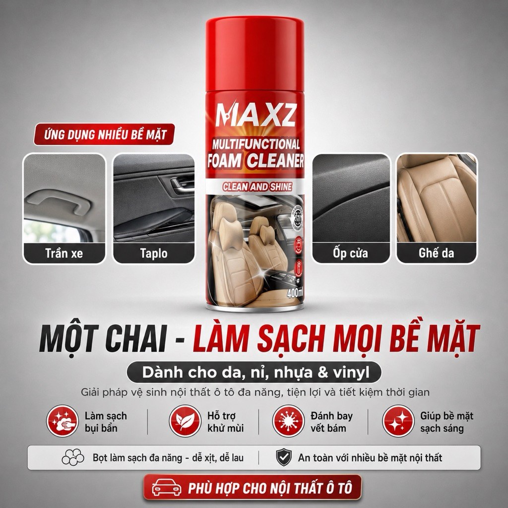Chai Xịt MAXZ Làm Sạch Nội Thất  Ô tô , Ghế Da Xe Máy 400ml - Phục Hồi Da Ghế , Dưỡng Bóng , Chống Nắng