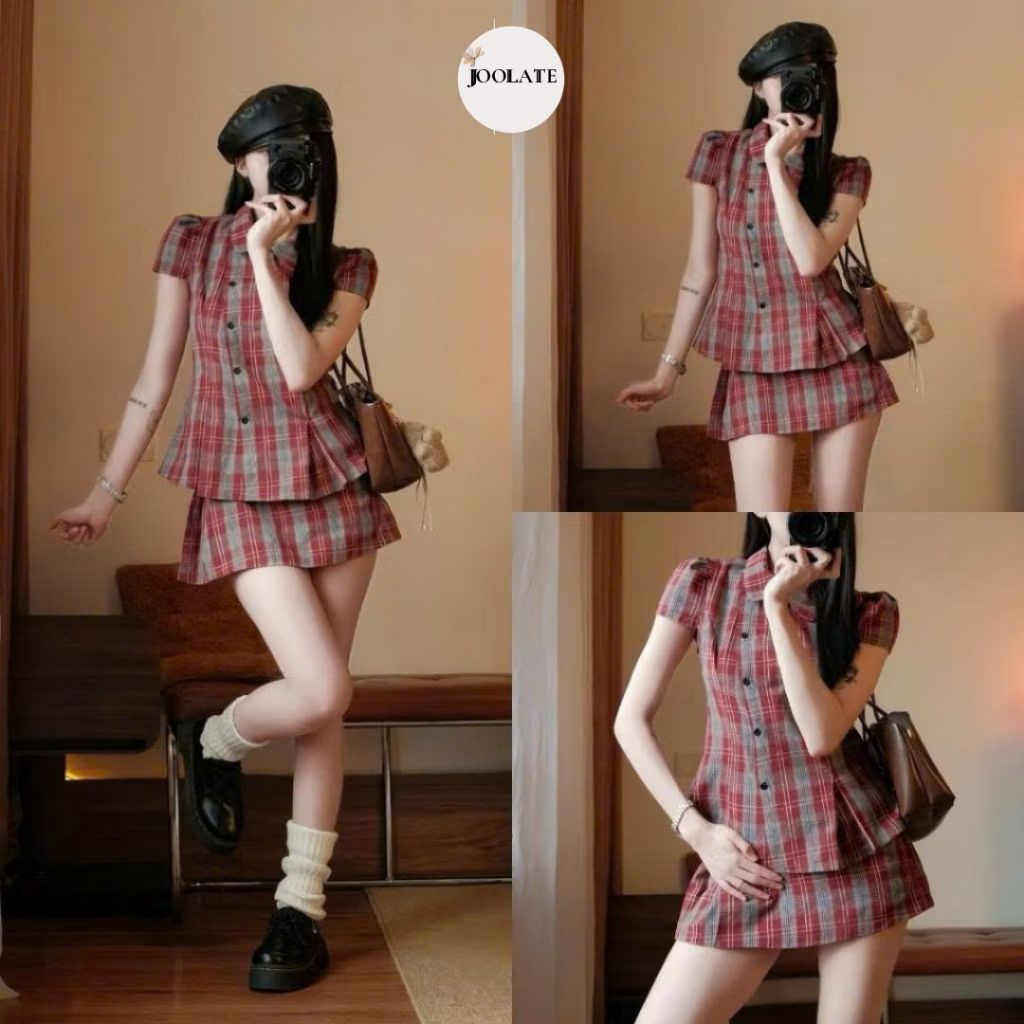 Set Bộ Nữ Kẻ Caro Gồm Áo Sơ Mi Nữ Tay Phồng Cài Cúc Chéo Kèm Chân Váy Xinh Xắn Hàn Quốc Đi Chơi Joolate 1374