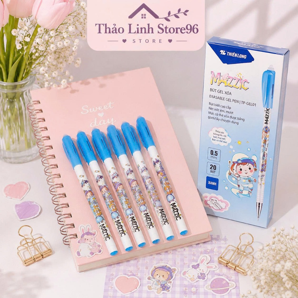 Bút Gel Xóa Được Mazzic Cho Học Sinh Cấp 1 , Ngòi 0.5mm Viết Êm, Mực Xanh/Tím, Xóa Sạch Không Lem com bo 20 bút