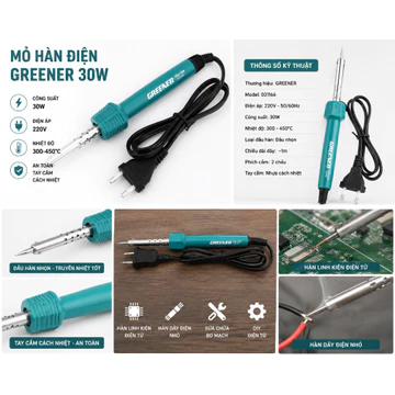 Mỏ Hàn Điện GREENER 30W 220V – Mỏ Hàn Chì Điện Tử Nóng Nhanh, Đầu Nhọn Hàn Linh Kiện Bo Mạch DIY(tặng phụ kiện trợ hàn)