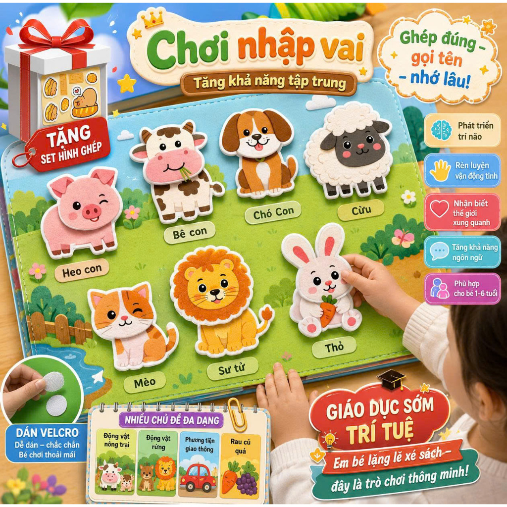 Sách xé dán 3D động vật, đồ chơi giáo dục sớm Khai Sáng cho trẻ mẫu giáo, với khóa dán, giáo dục nhẹ, chống ồn