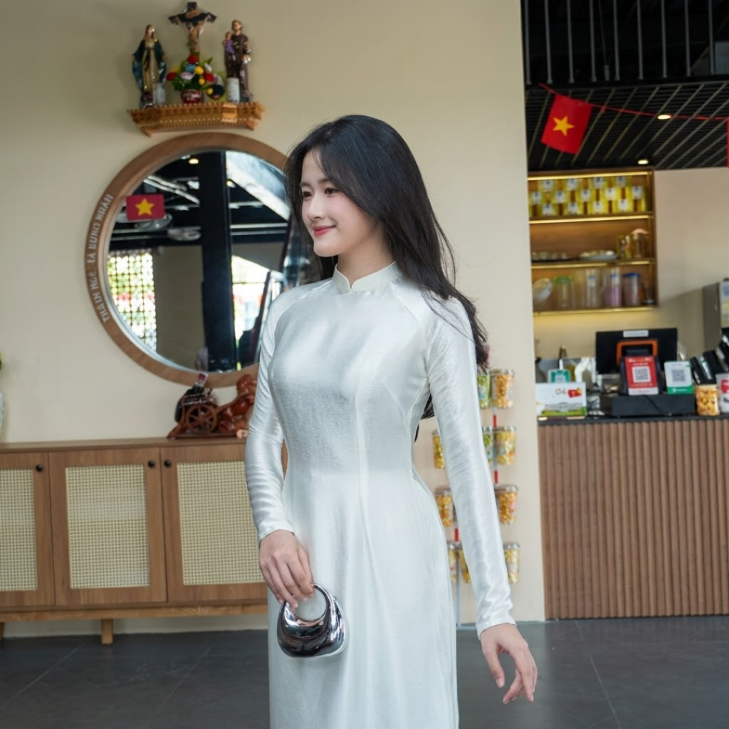 Áo Dài Truyền Thống Dáng Suông LICHEE Chất Liệu Lụa Tằm Titan Vân Gãy Sang Trọng Tôn Dáng Cổ 2,5 Tay Ôm