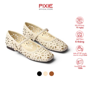 Giày Búp Bê Nữ Đế Bệt Mũi Tròn Quai Ngang Thiết Kế Khắc Laser Thời Trang Pixie H412