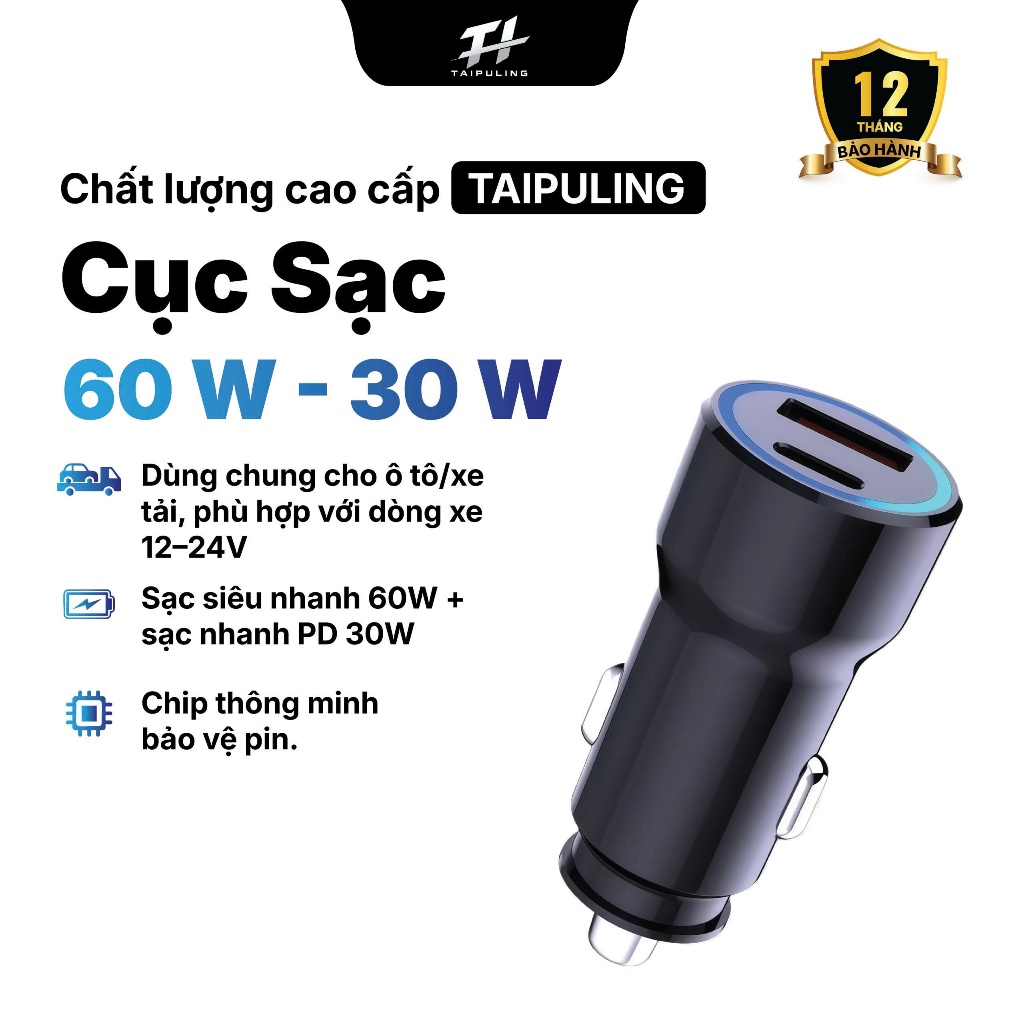 Bộ sạc ô tô TAIPULING 60W USB Type-C cổng kép, sạc nhanh PD/QC, dùng cho điện thoại, ZH201