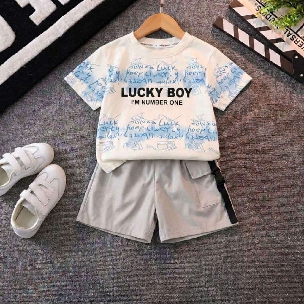 8-30kg.Bộ bé trai dễ thương LUCKYBOY,áo màu xanh,xám cotton,quần kaki mềm cho bé trai. Kho sỉ Gumiho