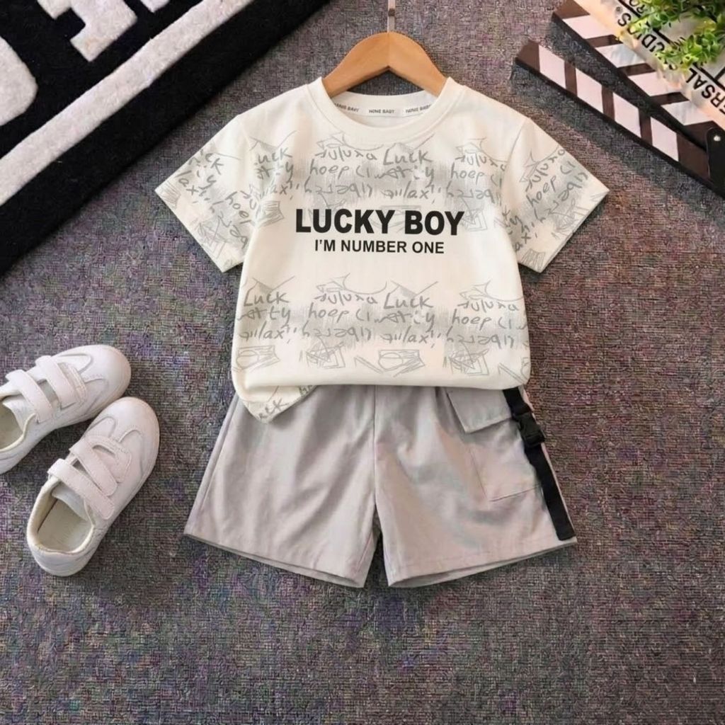 8-30kg.Bộ bé trai dễ thương LUCKYBOY,áo màu xanh,xám cotton,quần kaki mềm cho bé trai. Kho sỉ Gumiho