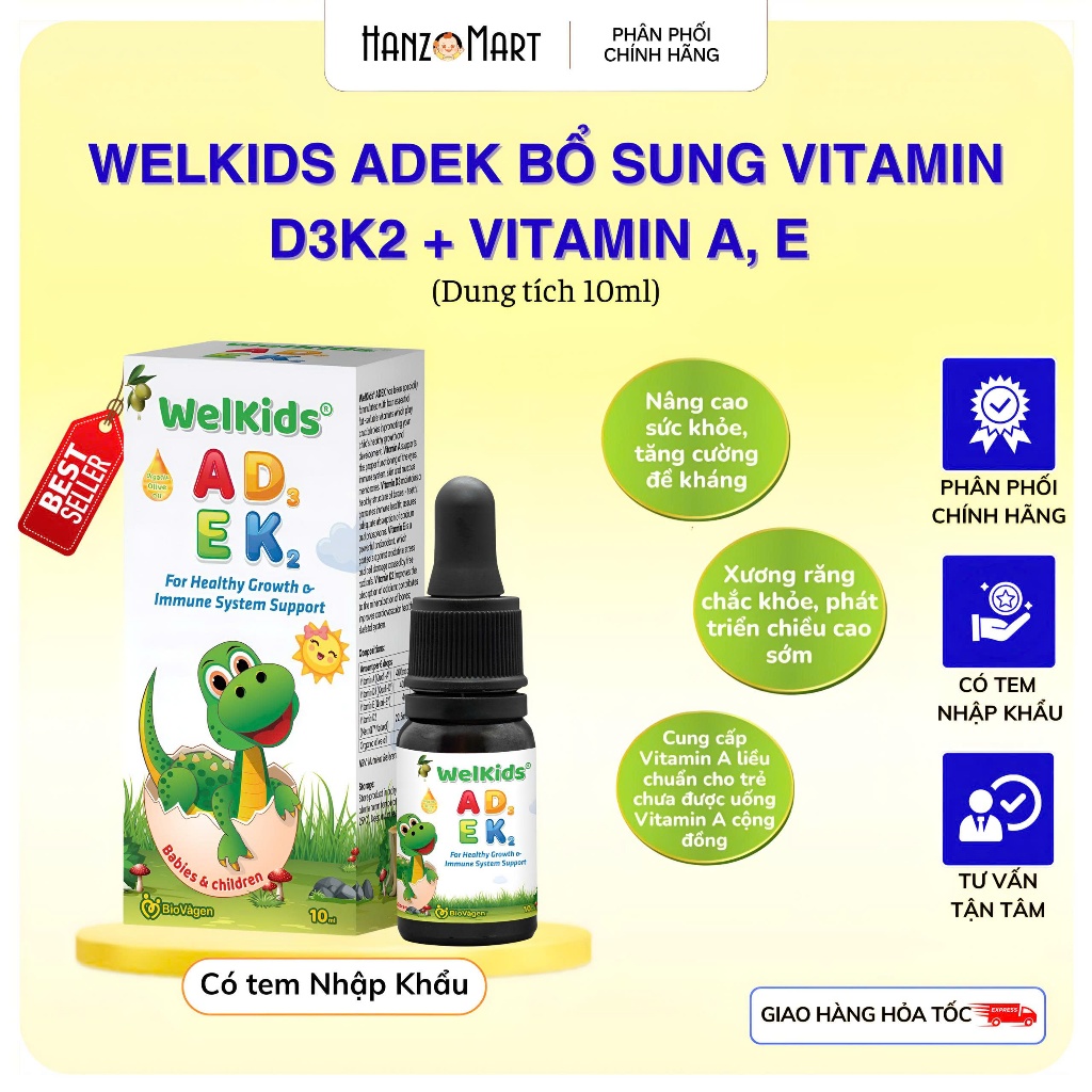 WelKids d3k2 tinh khiết bổ sung vitamin d3 k2 mk7 tan trong dầu olive hữu cơ tăng chiều cao cho bé dung tích 10ml