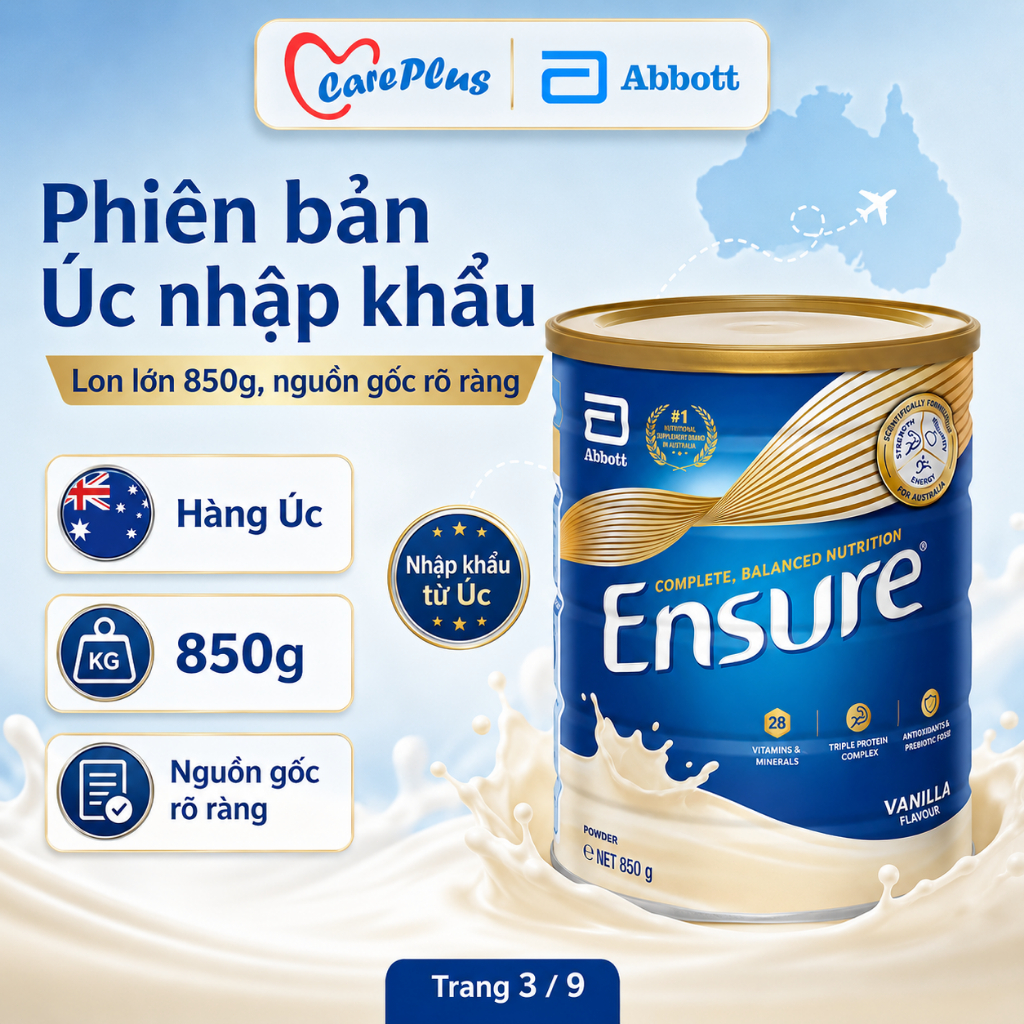 Sữa bột Ensure Úc Abbott 850g vị Vani HSD 2027  Dinh dưỡng cân bằng, 28 vitamin & khoáng chất cho người lớn